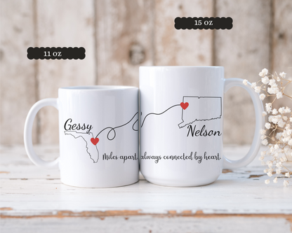 Long Distance Love Mug, State to State Custom Coffee Cup with Names,  Personalized Long Distance Gift, Going Away Gift Girlfriend/Boyfriend