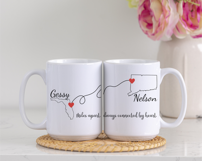 Long Distance Love Mug, State to State Custom Coffee Cup with Names,  Personalized Long Distance Gift, Going Away Gift Girlfriend/Boyfriend
