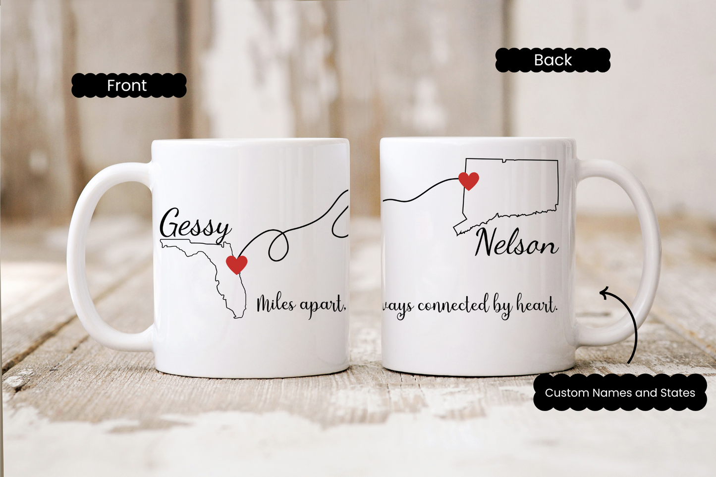Long Distance Love Mug, State to State Custom Coffee Cup with Names,  Personalized Long Distance Gift, Going Away Gift Girlfriend/Boyfriend