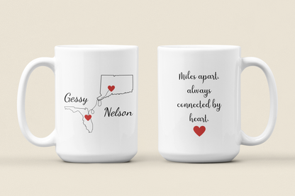 Long Distance Love Mug, State to State Custom Coffee Cup with Names, Personalized Long Distance Gift, Going Away Gift Girlfriend/Boyfriend