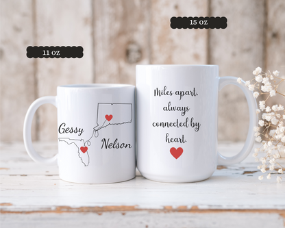 Long Distance Love Mug, State to State Custom Coffee Cup with Names, Personalized Long Distance Gift, Going Away Gift Girlfriend/Boyfriend