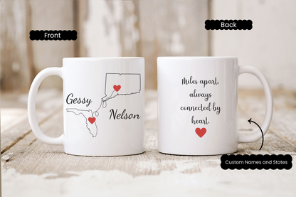 Long Distance Love Mug, State to State Custom Coffee Cup with Names, Personalized Long Distance Gift, Going Away Gift Girlfriend/Boyfriend