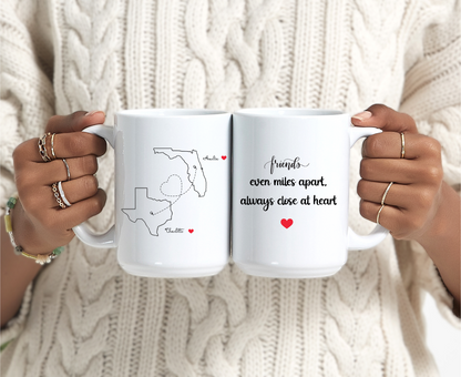 Long Distance Love Mug for Friends or Family Custom State to State Mug with Names Best Friend Distance Gift or Going Away Present for Her