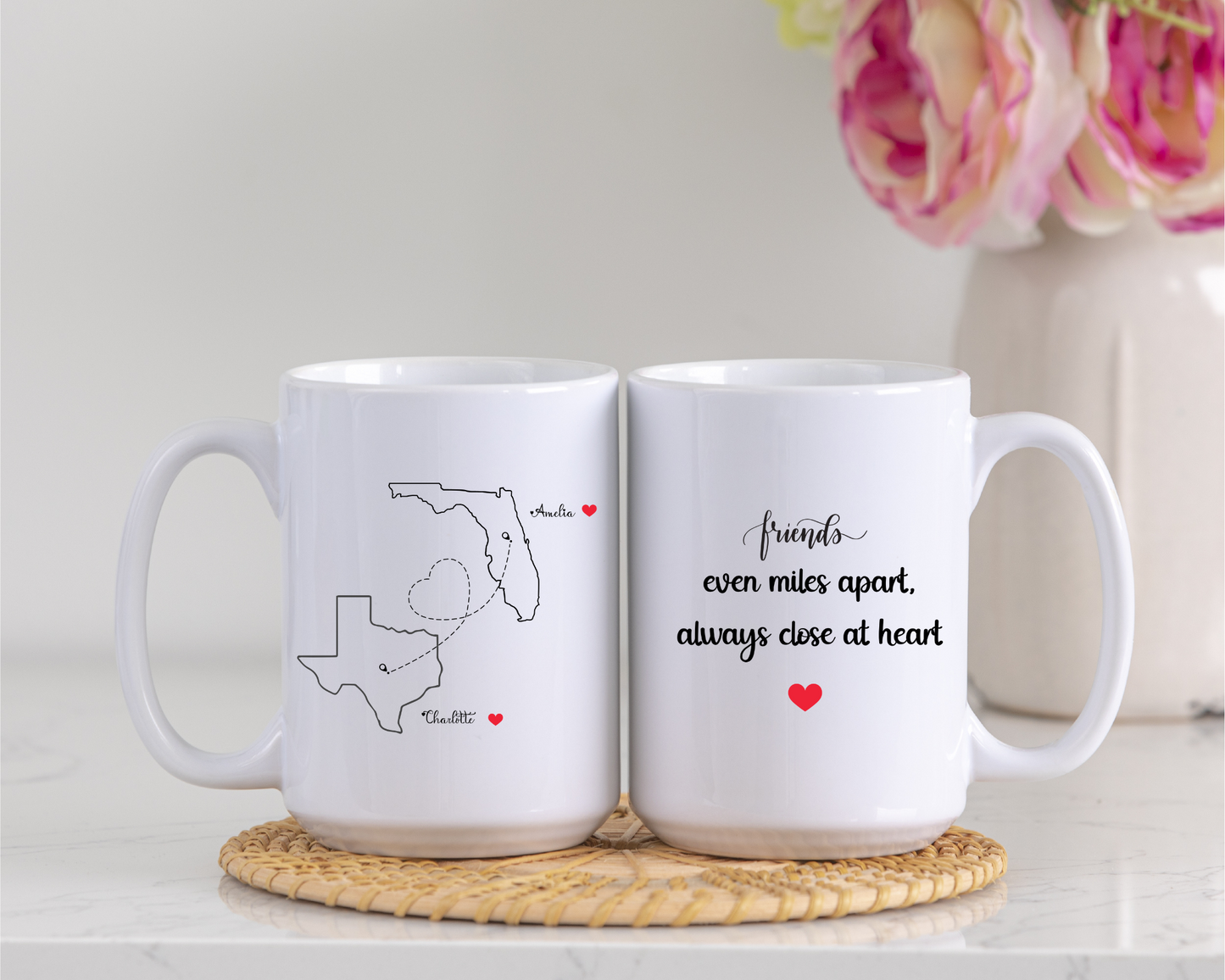 Long Distance Love Mug for Friends or Family Custom State to State Mug with Names Best Friend Distance Gift or Going Away Present for Her