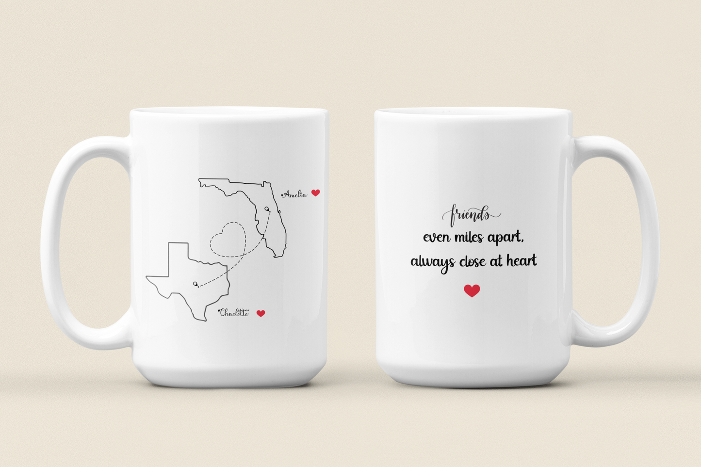 Long Distance Love Mug for Friends or Family Custom State to State Mug with Names Best Friend Distance Gift or Going Away Present for Her