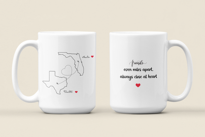 Long Distance Love Mug for Friends or Family Custom State to State Mug with Names Best Friend Distance Gift or Going Away Present for Her