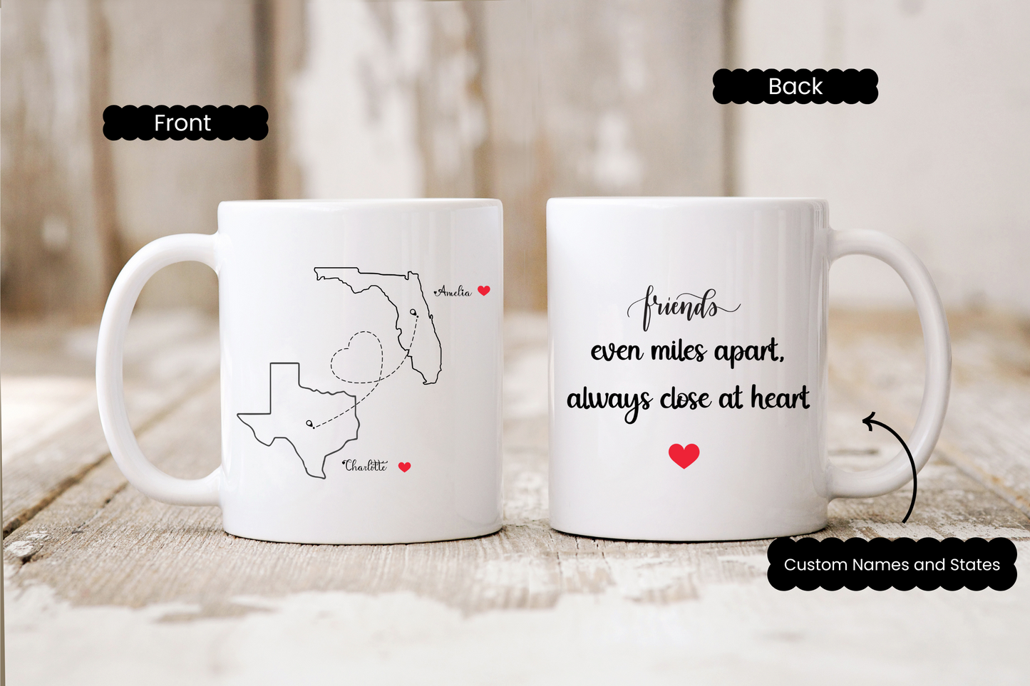 Long Distance Love Mug for Friends or Family Custom State to State Mug with Names Best Friend Distance Gift or Going Away Present for Her