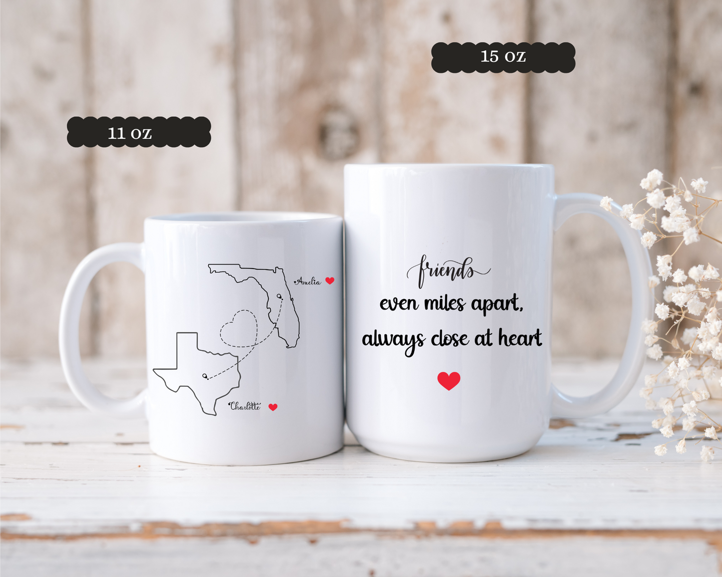 Long Distance Love Mug for Friends or Family Custom State to State Mug with Names Best Friend Distance Gift or Going Away Present for Her
