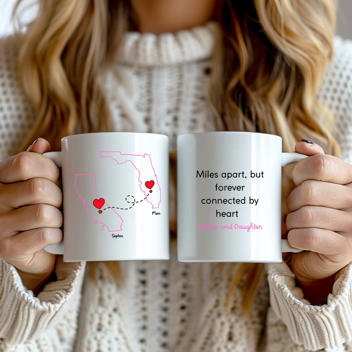 Long Distance Love Mug for Mom or Daughter Custom State to State Mug with Names Mother Daughter Gift Long Distance Friends or BFF Mug