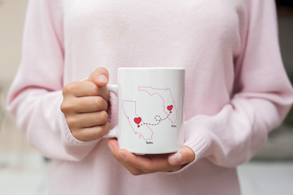 Long Distance Love Mug for Mom or Daughter Custom State to State Mug with Names Mother Daughter Gift Long Distance Friends or BFF Mug