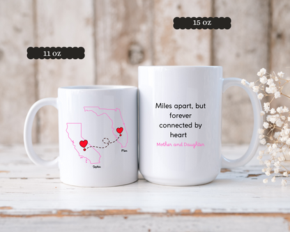 Long Distance Love Mug for Mom or Daughter Custom State to State Mug with Names Mother Daughter Gift Long Distance Friends or BFF Mug