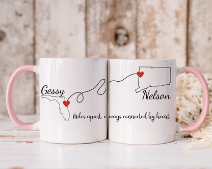 Long Distance Love Mug for Girlfriend or Boyfriend Custom State to State Mug with Names Best Friend Distance Gift or Going Away Gift for Her
