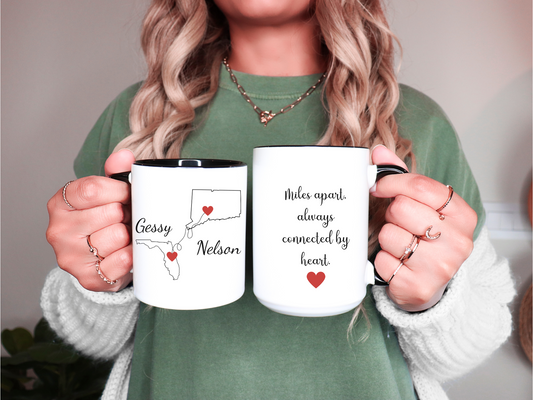 Going Away Gift Girlfriend/Boyfriend, Long Distance Love Mug, State to State Custom Coffee Cup with Names, Personalized Long Distance Gift