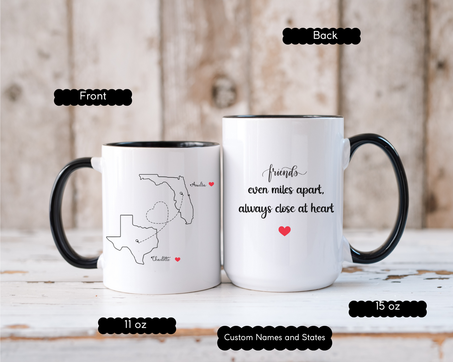 Custom State to State Mug with Names Long Distance Custom Mug for Friends or Family Best Friend Distance Gift or Going Away Present for Her