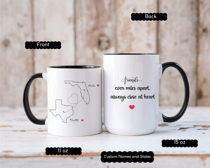 Custom State to State Mug with Names Long Distance Custom Mug for Friends or Family Best Friend Distance Gift or Going Away Present for Her