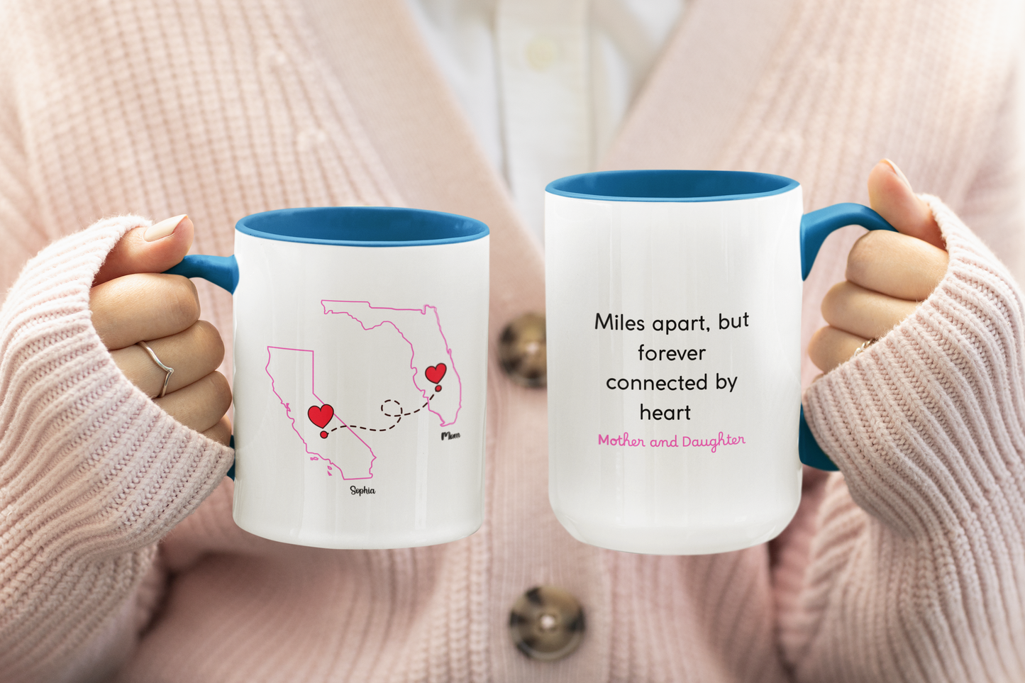 Long Distance Love Mug for Mom or Daughter Custom State to State Mug with Names Best Friend Distance Gift or Going Away Present for Mom