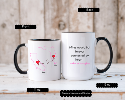Long Distance Love Mug for Mom or Daughter Custom State to State Mug with Names Best Friend Distance Gift or Going Away Present for Mom