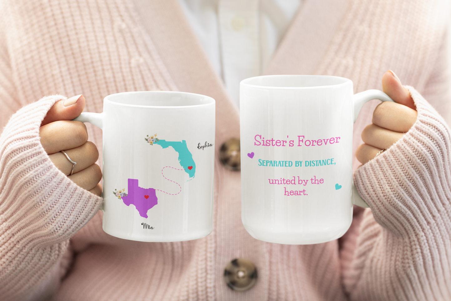 Custom Sister State to State Mug Long Distance Sister Gift with Names Personalized Coffee Cup for BFF Going Away or Birthday Present for Her