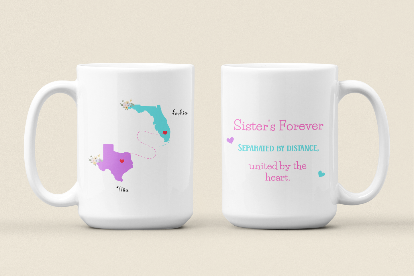 Custom Sister State to State Mug Long Distance Sister Gift with Names Personalized Coffee Cup for BFF Going Away or Birthday Present for Her