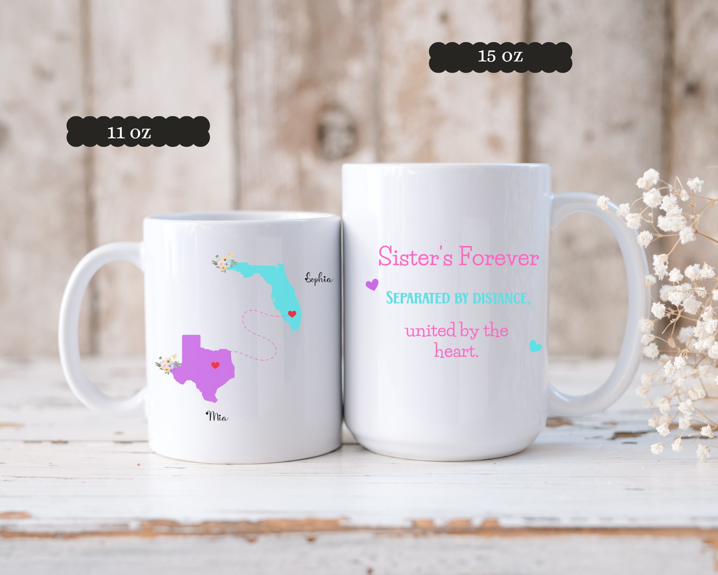 Custom Sister State to State Mug Long Distance Sister Gift with Names Personalized Coffee Cup for BFF Going Away or Birthday Present for Her