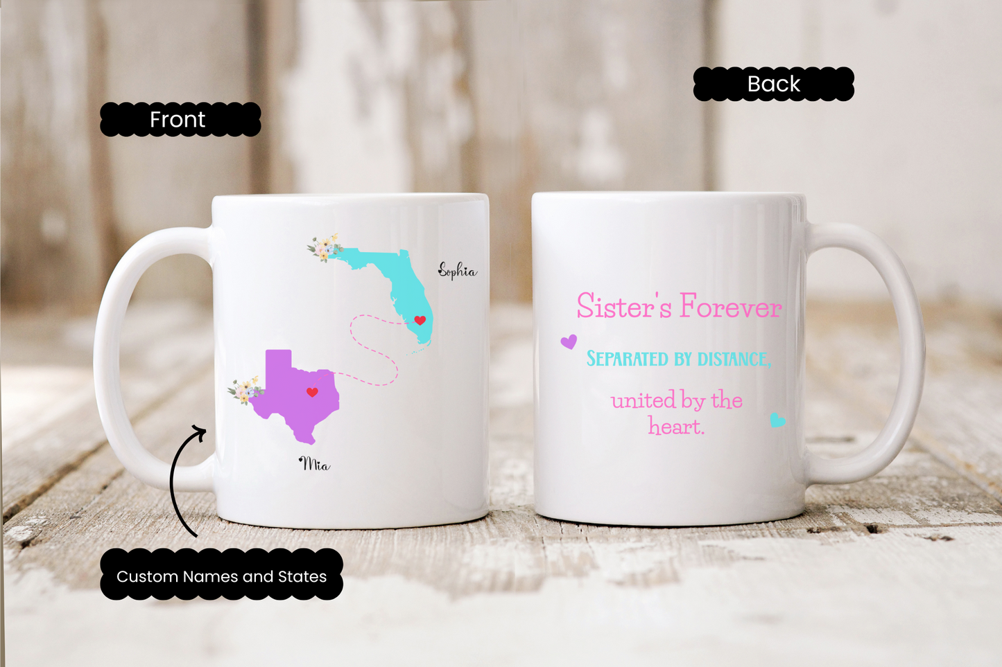 Custom Sister State to State Mug Long Distance Sister Gift with Names Personalized Coffee Cup for BFF Going Away or Birthday Present for Her