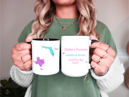 Custom Sister State to State Mug Long Distance Sister Gift with Names Personalized Coffee Cup for BFF Going Away or Birthday Present for Her