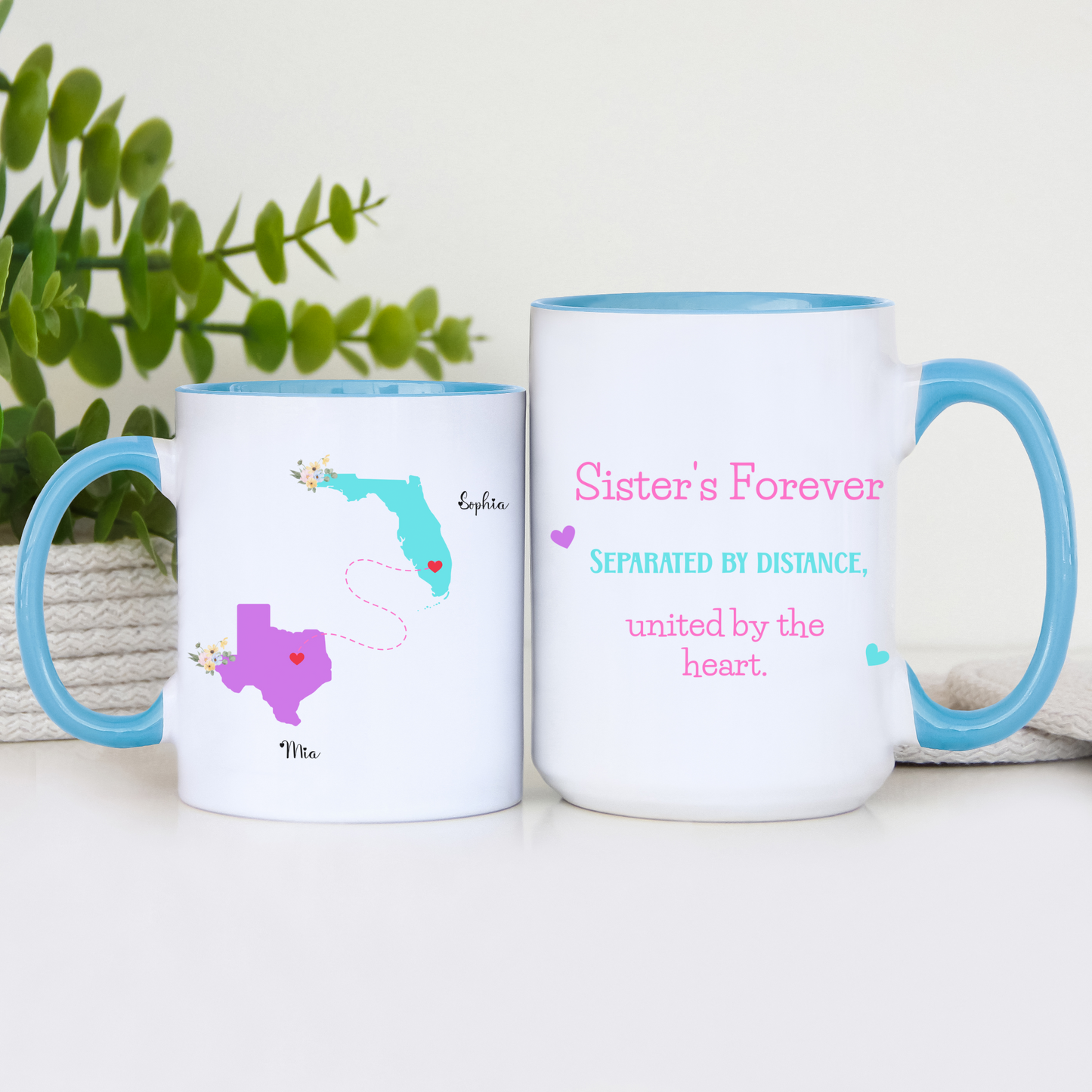Custom Sister State to State Mug Long Distance Sister Gift with Names Personalized Coffee Cup for BFF Going Away or Birthday Present for Her