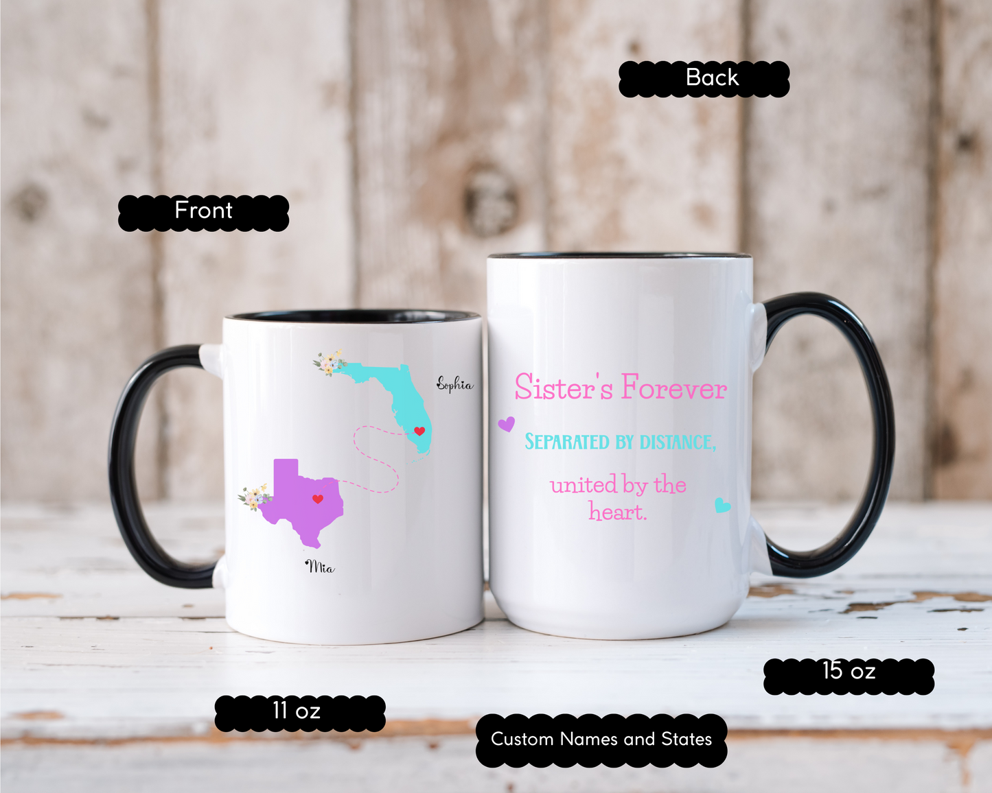 Custom Sister State to State Mug Long Distance Sister Gift with Names Personalized Coffee Cup for BFF Going Away or Birthday Present for Her