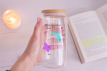 Long Distance Sipper Glass with States and Names Custom State to State Friendship Gift Personalized Glass for Best Friend Going Away Gift