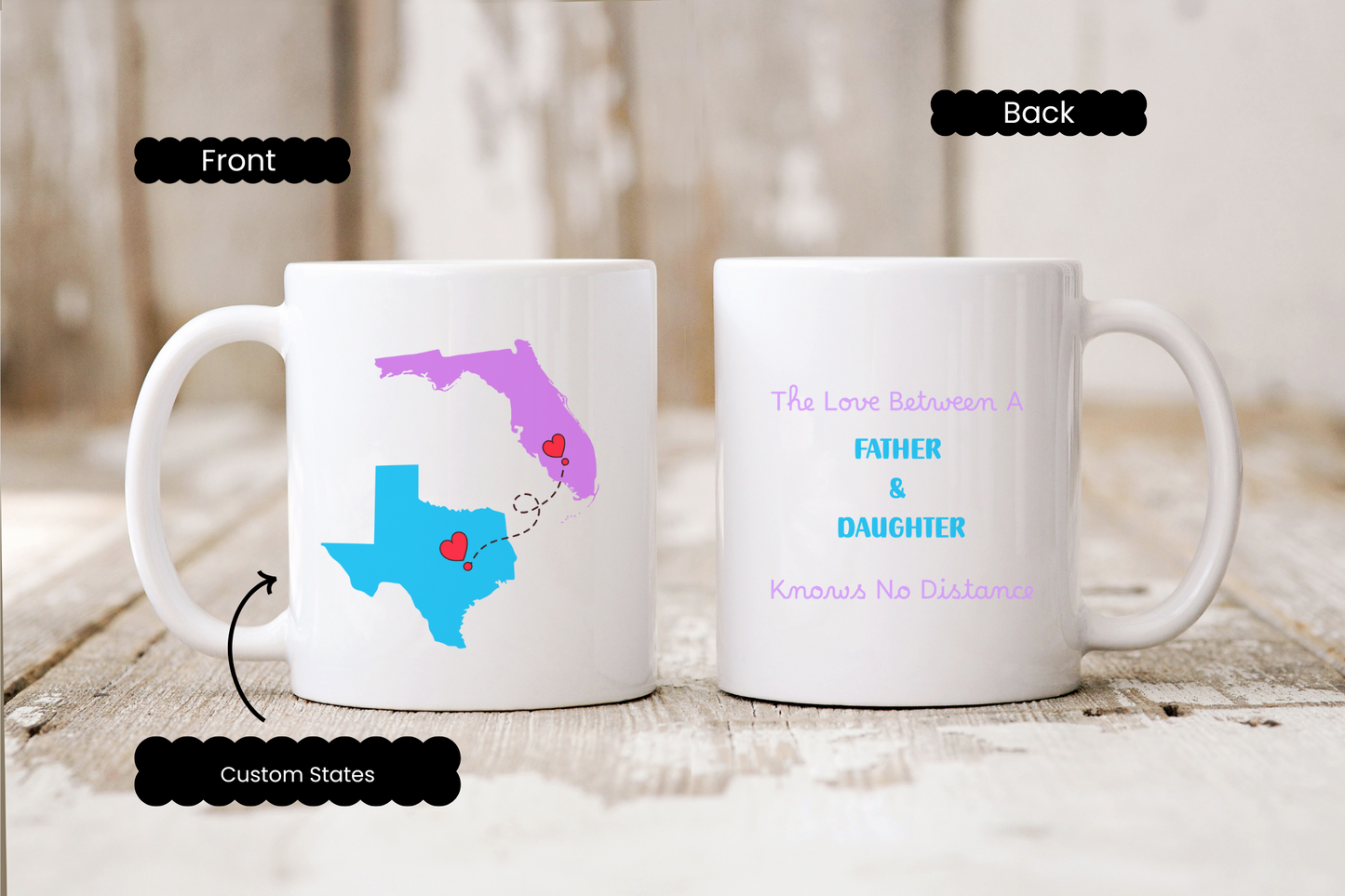 Mug for Daughter and Father Long Distance Personalized State to State Coffee Cup Custom Names Long Distance Love Gift or Going Away Gift Her
