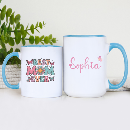 Best Mom Ever Custom Coffee Mug with Butterflies and Names Personalized Gift for Mom Birthday Mothers Day from Daughter Son Husband or Wife