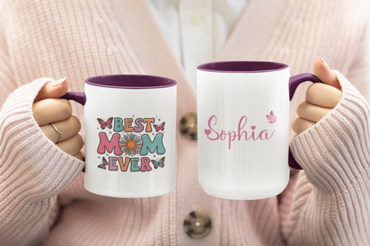Best Mom Ever Custom Coffee Mug with Butterflies and Names Personalized Gift for Mom Birthday Mothers Day from Daughter Son Husband or Wife