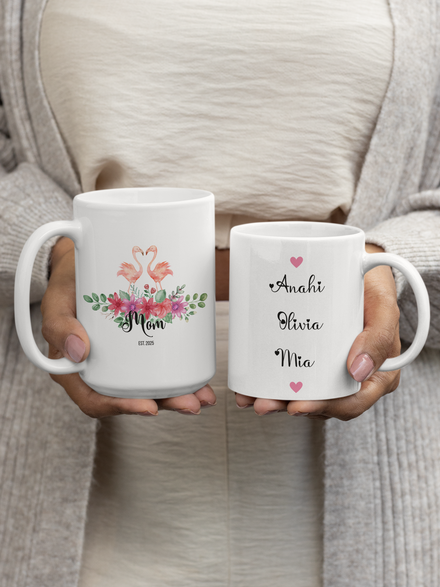 Personalized Flamingo Coffee Mug with Floral Design Custom Name Gift for Mom Mothers Day Birthday from Daughter Son Husband or Wife