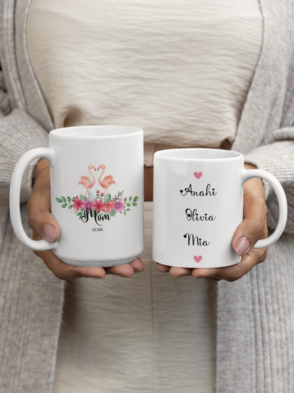 Personalized Flamingo Coffee Mug with Floral Design Custom Name Gift for Mom Mothers Day Birthday from Daughter Son Husband or Wife