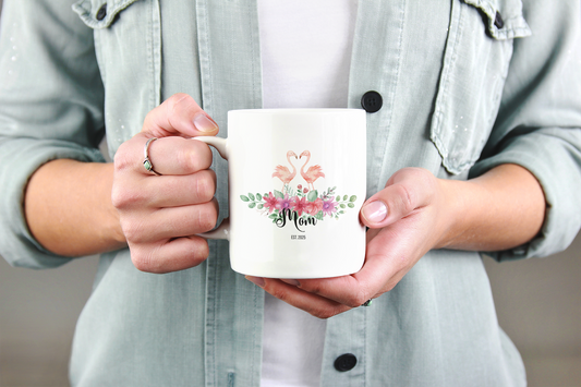 Personalized Flamingo Coffee Mug with Floral Design Custom Name Gift for Mom Mothers Day Birthday from Daughter Son Husband or Wife