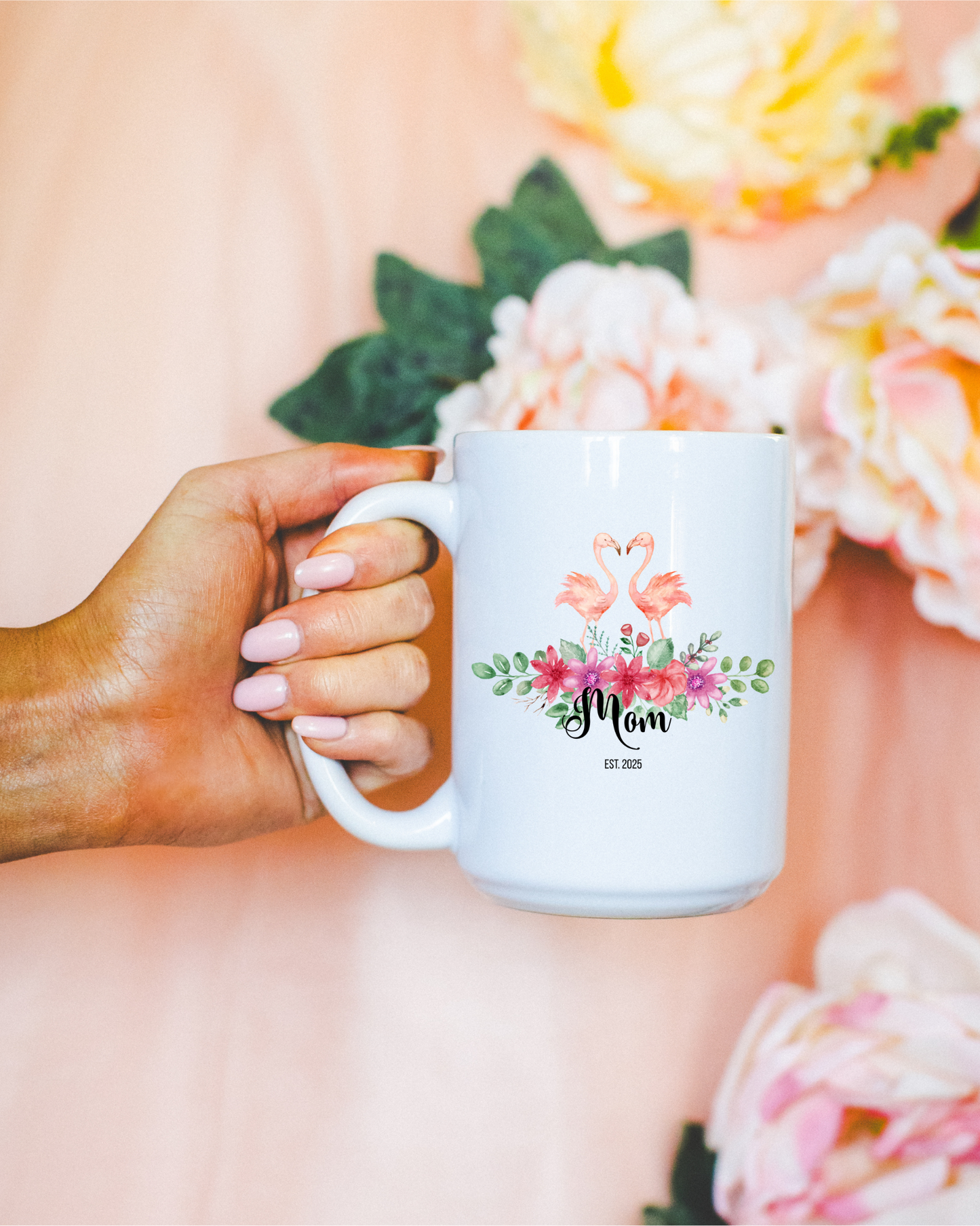 Personalized Flamingo Coffee Mug with Floral Design Custom Name Gift for Mom Mothers Day Birthday from Daughter Son Husband or Wife