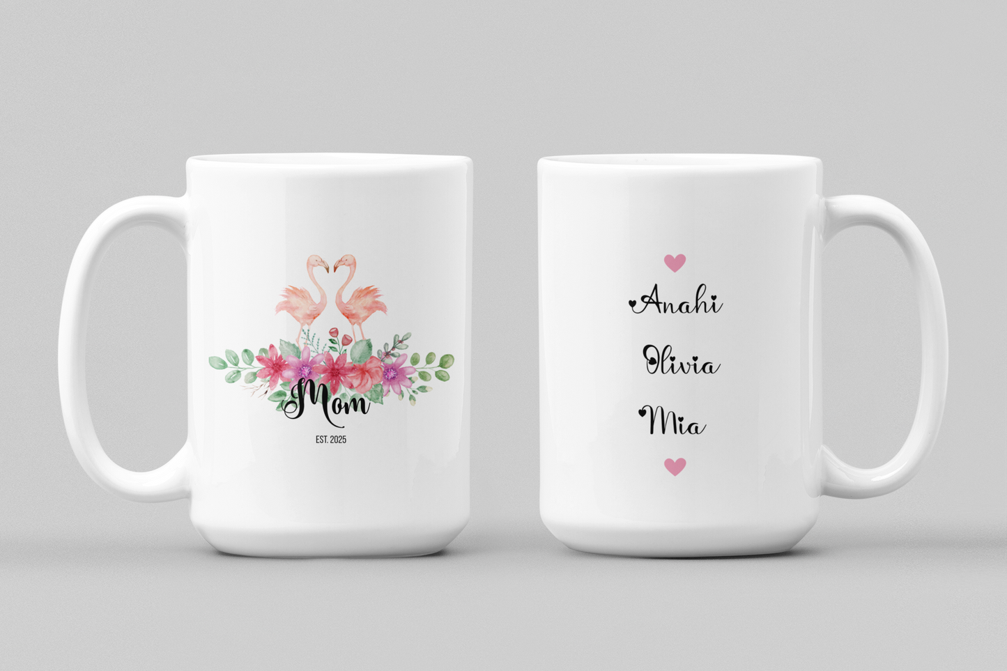Personalized Flamingo Coffee Mug with Floral Design Custom Name Gift for Mom Mothers Day Birthday from Daughter Son Husband or Wife