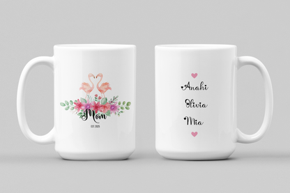 Personalized Flamingo Coffee Mug with Floral Design Custom Name Gift for Mom Mothers Day Birthday from Daughter Son Husband or Wife