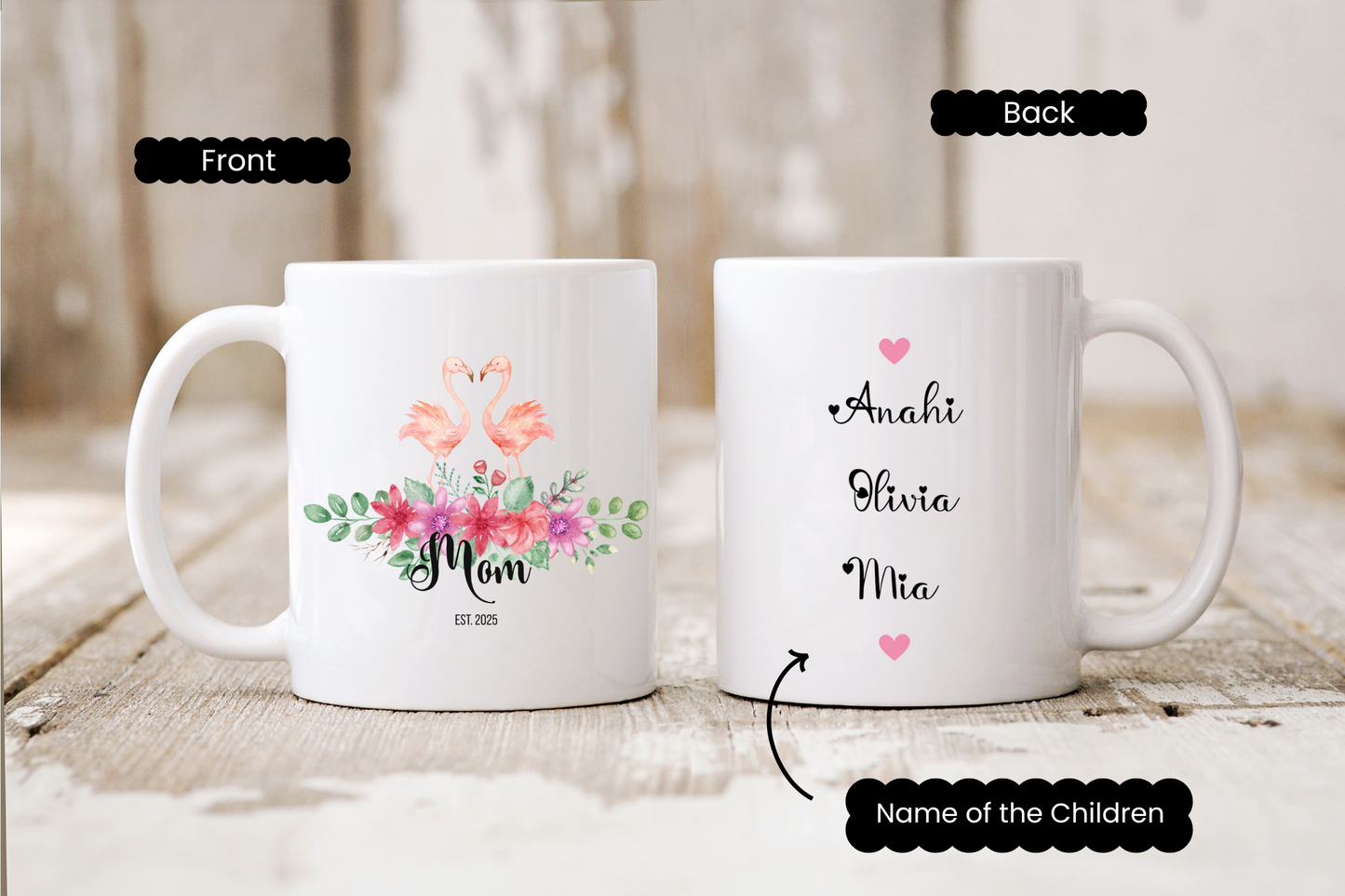 Personalized Flamingo Coffee Mug with Floral Design Custom Name Gift for Mom Mothers Day Birthday from Daughter Son Husband or Wife