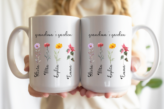 Custom Birth Flower Mug for Grandma, Personalized Nana, Mama, Abuela Gift, Grandmas Garden Coffee Cup, Mimis Garden Custom Floral Mug