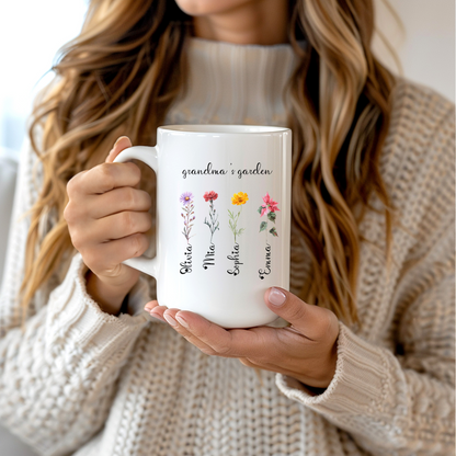 Custom Birth Flower Mug for Grandma, Personalized Nana, Mama, Abuela Gift, Grandmas Garden Coffee Cup, Mimis Garden Custom Floral Mug