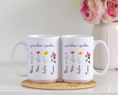 Custom Birth Flower Mug for Grandma, Personalized Nana, Mama, Abuela Gift, Grandmas Garden Coffee Cup, Mimis Garden Custom Floral Mug