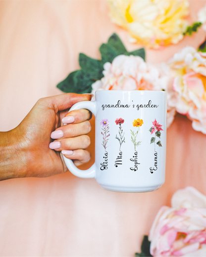 Custom Birth Flower Mug for Grandma, Personalized Nana, Mama, Abuela Gift, Grandmas Garden Coffee Cup, Mimis Garden Custom Floral Mug