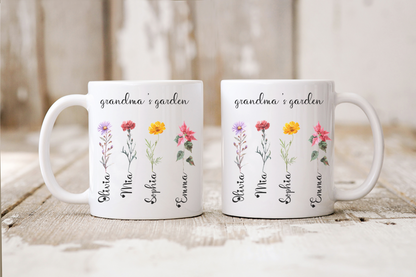 Custom Birth Flower Mug for Grandma, Personalized Nana, Mama, Abuela Gift, Grandmas Garden Coffee Cup, Mimis Garden Custom Floral Mug