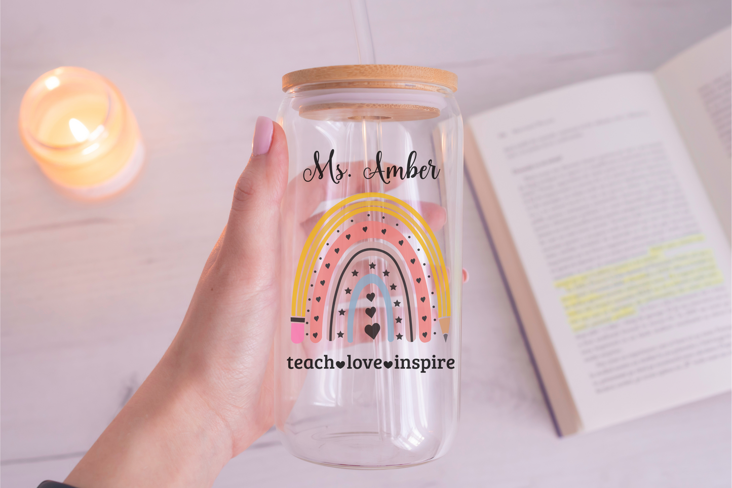 Personalised rainbow and pencil teacher sipper glass, custom iced coffee glass cup, perfect teacher appreciation, thank you teacher gift