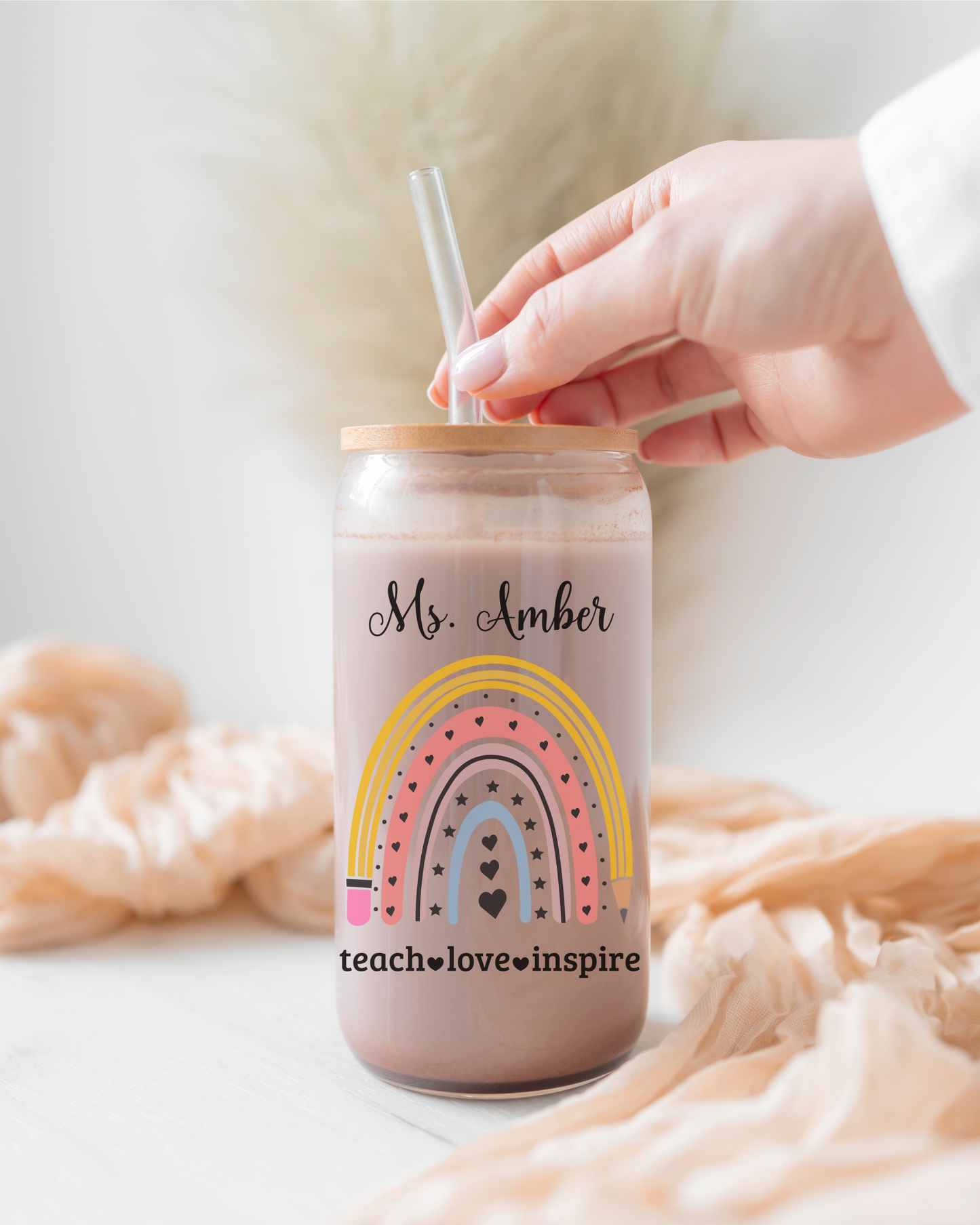 Personalised rainbow and pencil teacher sipper glass, custom iced coffee glass cup, perfect teacher appreciation, thank you teacher gift