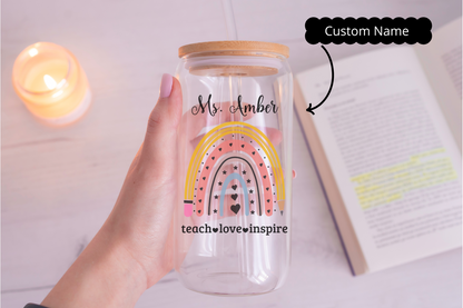 Personalised rainbow and pencil teacher sipper glass, custom iced coffee glass cup, perfect teacher appreciation, thank you teacher gift