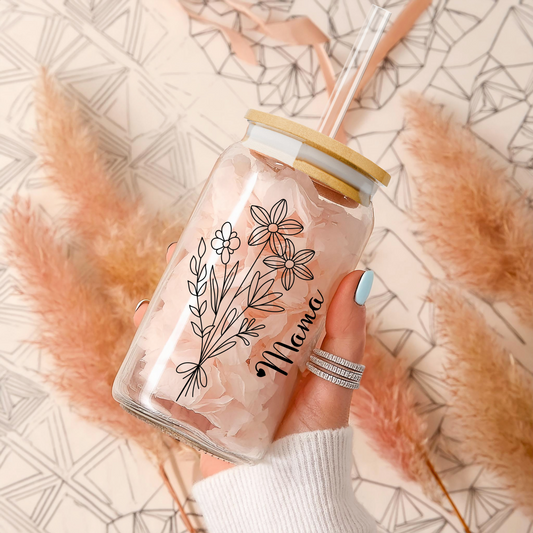 Floral Sipper Glass with Custom Kids Names, Personalized Gift for Mom, Grandma, Wife Unique Birthday or Mothers Day Gift Idea Custom names