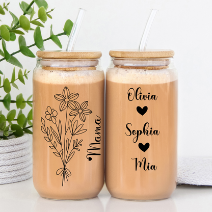 Floral Sipper Glass with Custom Kids Names, Personalized Gift for Mom, Grandma, Wife Unique Birthday or Mothers Day Gift Idea Custom names