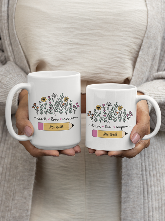 Personalised wildflower teacher mug, floral ceramic coffee cup custom name gift perfect for teacher appreciation, thank you teacher  gift